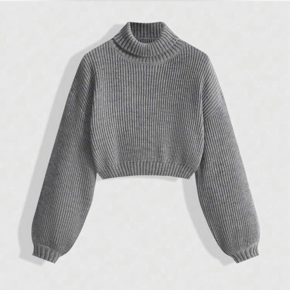 Gray Cropped Rib-Knit Sweater